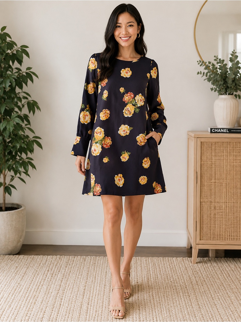 Loft Floral Shift Dress | Size S/M | Long Sleeve Navy Floral Dress